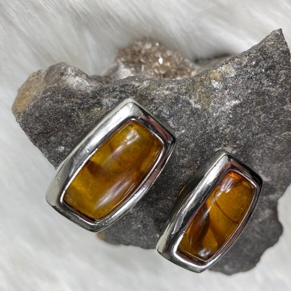 Vintage Faux Amber Silver Tone Rectangle Clip-on Earrings 1.25" X .75" - Picture 4 of 8